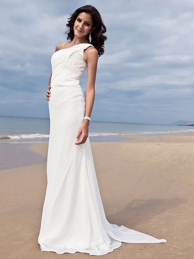 Graceful Chiffon Sheath One-Shoulder Sleeveless Simple Back Floor-Length Wedding Dresses