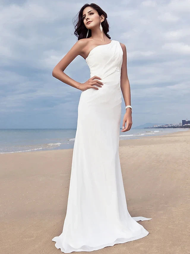 Graceful Chiffon Sheath One-Shoulder Sleeveless Simple Back Floor-Length Wedding Dresses