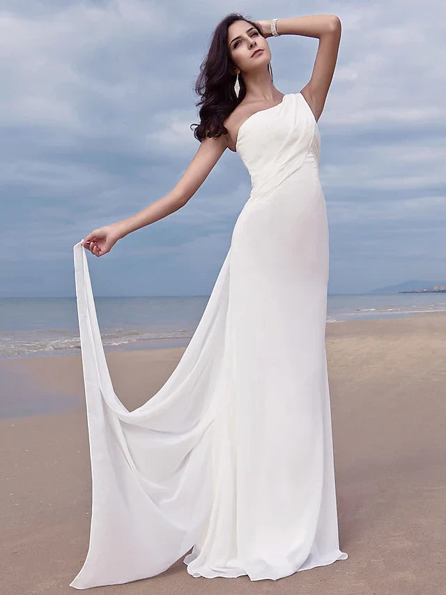 Graceful Chiffon Sheath One-Shoulder Sleeveless Simple Back Floor-Length Wedding Dresses