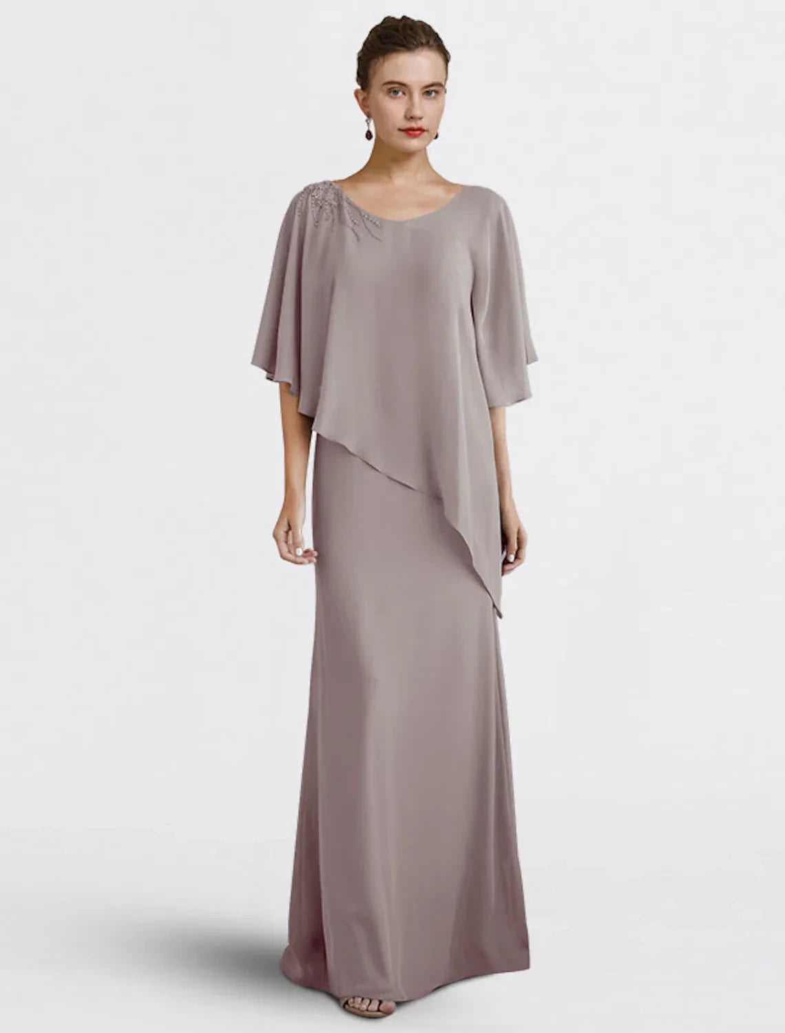 Graceful Chiffon Sheath Scoop Neck Cape Sleeve V-Back Floor-Length Mother of the Bride Dresses