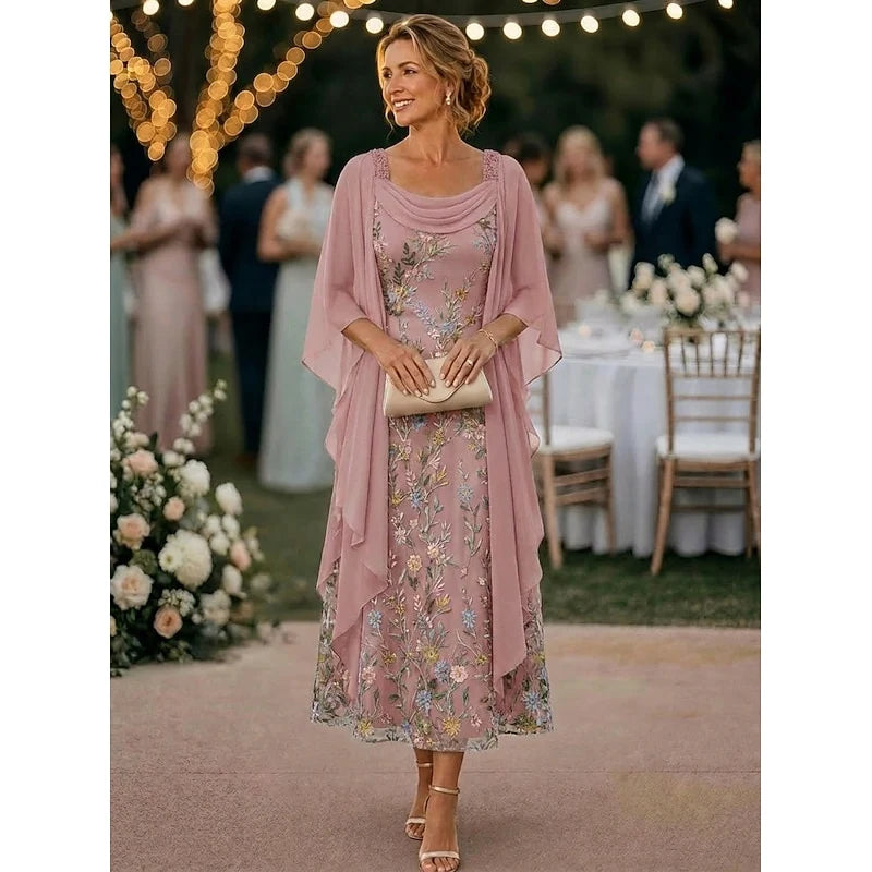Graceful Chiffon Tulle Sheath Scoop Neck Sleeveless Draped Shawl Scoop Back Midi Mother of the Bride Dresses