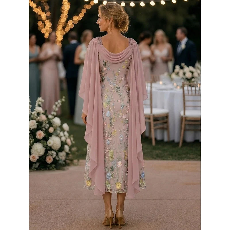 Graceful Chiffon Tulle Sheath Scoop Neck Sleeveless Draped Shawl Scoop Back Midi Mother of the Bride Dresses