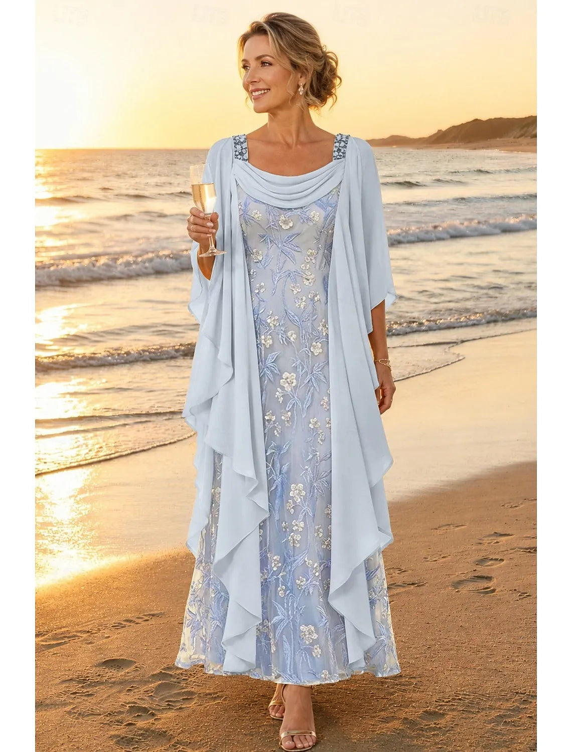 Graceful Chiffon Two Piece Scoop Neck Flutter Sleeve Scoop Back Floor-Length Mother of the Bride Dresses