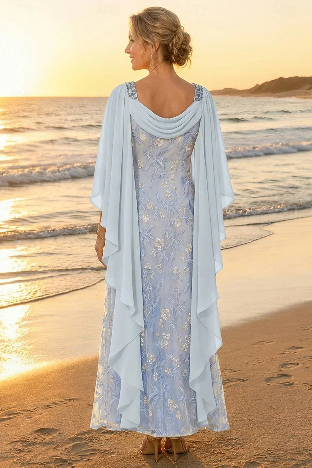 Graceful Chiffon Two Piece Scoop Neck Flutter Sleeve Scoop Back Floor-Length Mother of the Bride Dresses