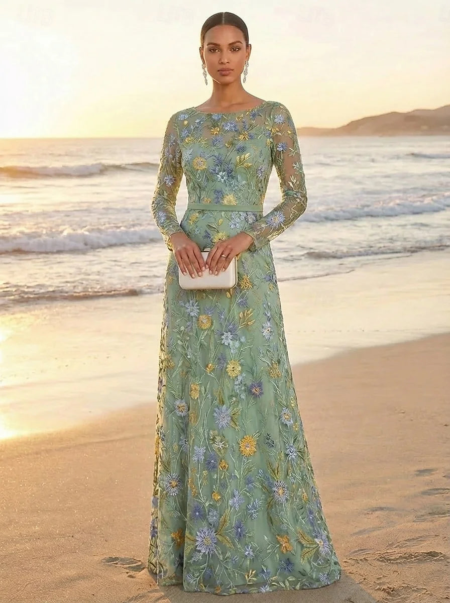 Graceful Lace A-Line Boat Neck Long Sleeves Zipper Back Floor-Length Mother of the Bride Dresses