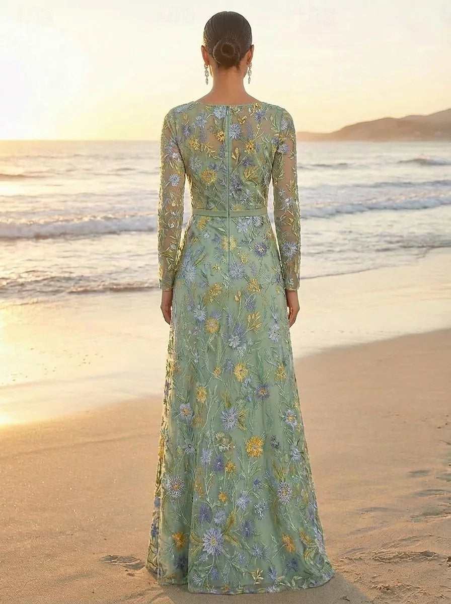 Graceful Lace A-Line Boat Neck Long Sleeves Zipper Back Floor-Length Mother of the Bride Dresses