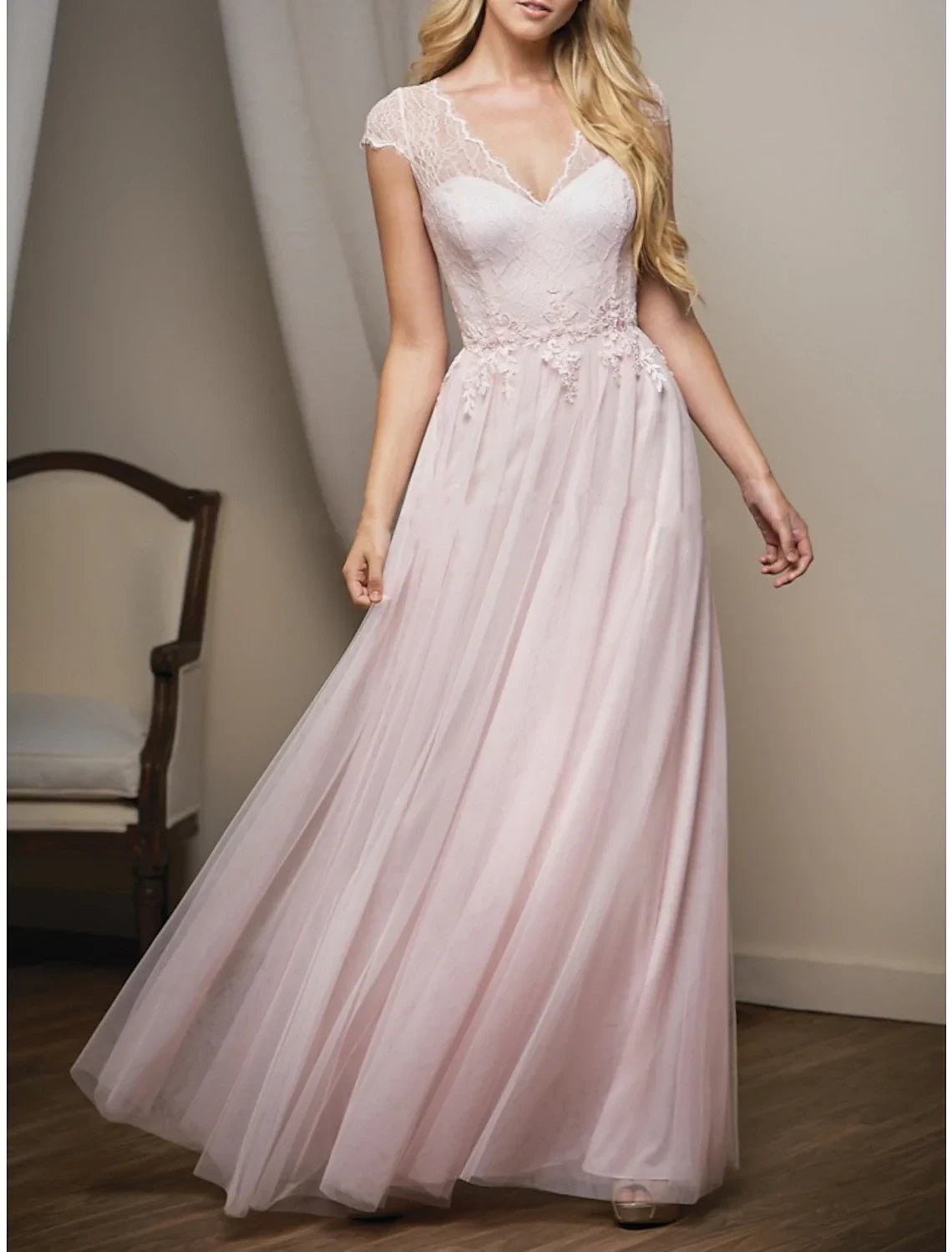 Graceful Lace A-Line V-Neck Cap Sleeve Illusion Back Floor-Length Evening Dresses