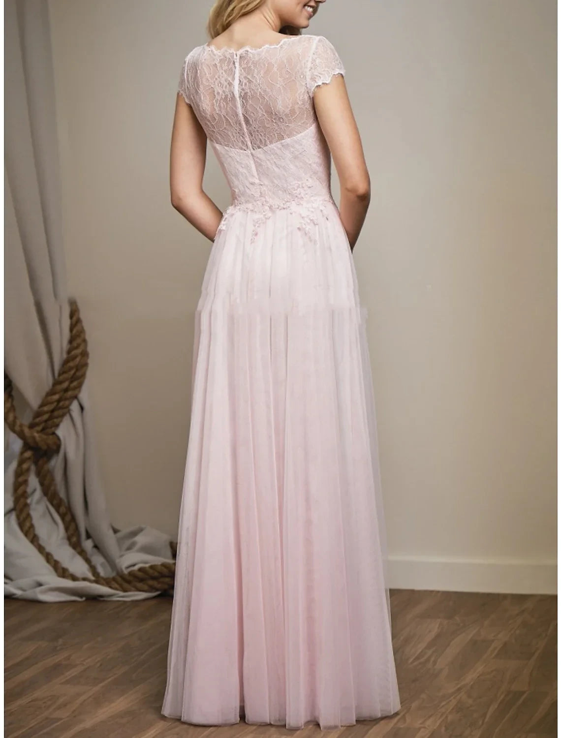 Graceful Lace A-Line V-Neck Cap Sleeve Illusion Back Floor-Length Evening Dresses