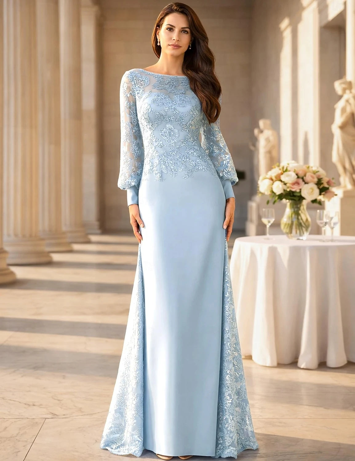 Graceful Lace Chiffon A-Line Boat Neck V-Back Long Balloon Sleeves Floor-Length Mother of the Bride Dresses