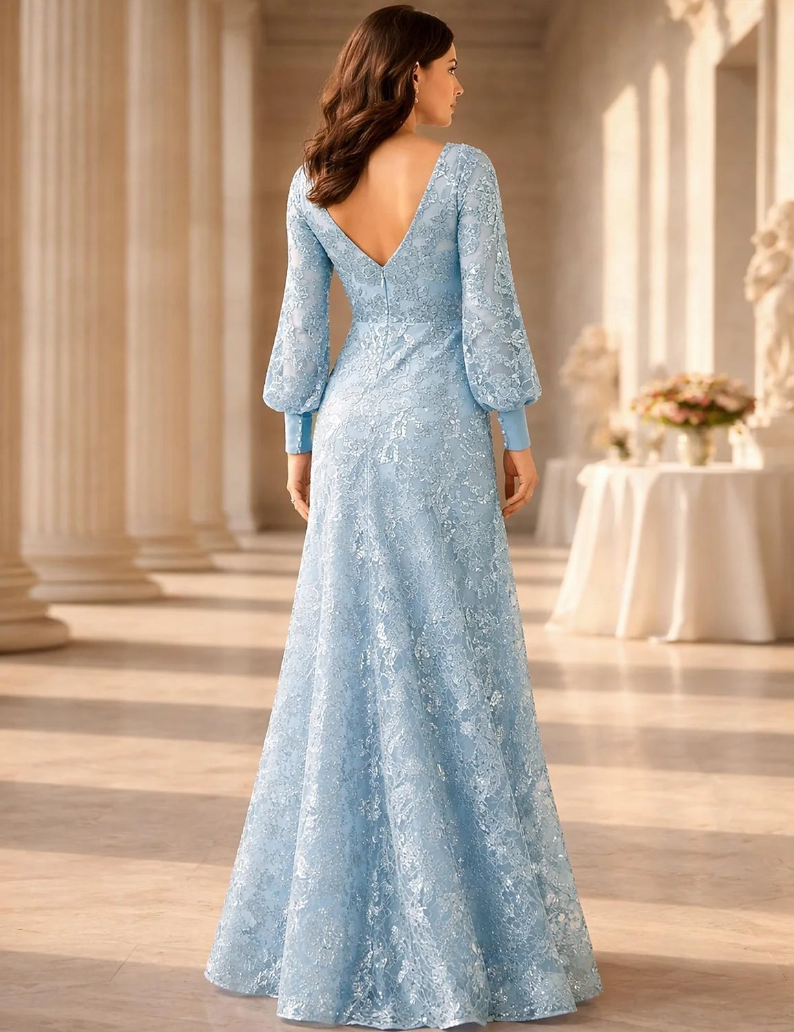 Graceful Lace Chiffon A-Line Boat Neck V-Back Long Balloon Sleeves Floor-Length Mother of the Bride Dresses