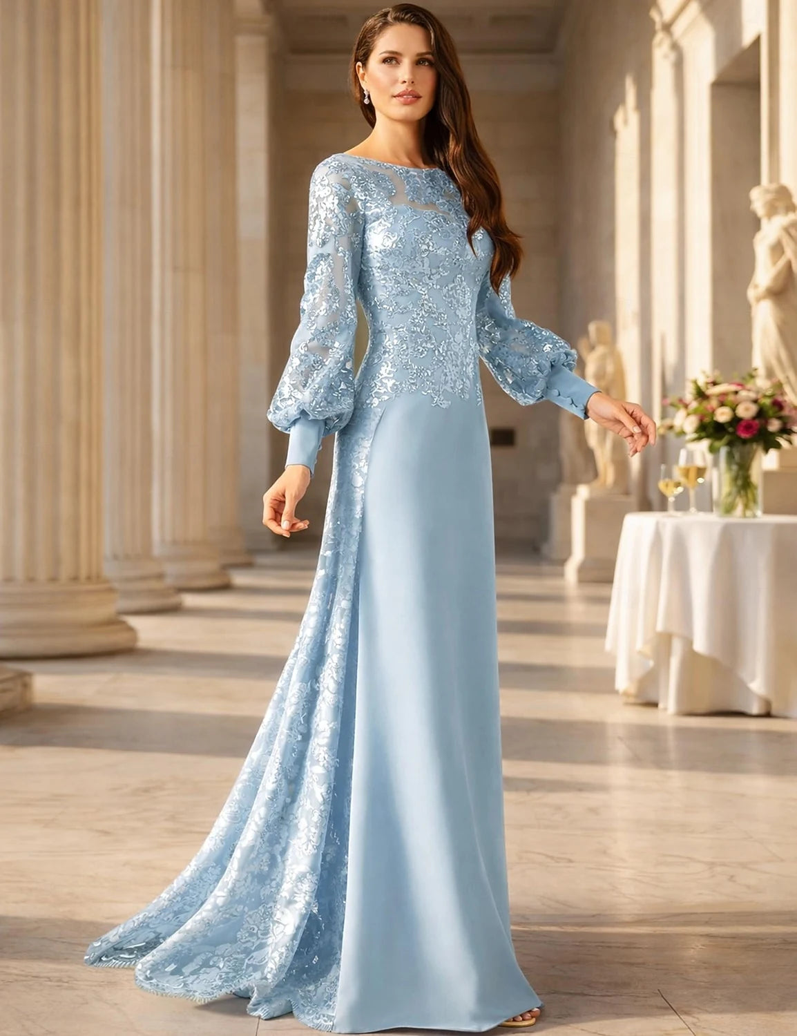 Graceful Lace Chiffon A-Line Boat Neck V-Back Long Balloon Sleeves Floor-Length Mother of the Bride Dresses