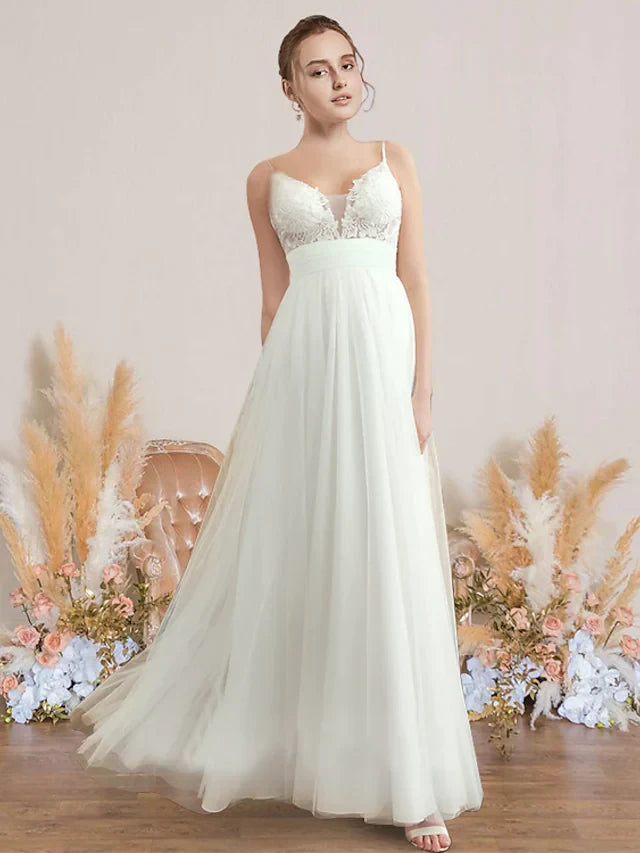 Graceful Lace & Tulle A-Line V-Neck Spaghetti Straps Criss-Cross Open Back Floor-Length Wedding Dresses