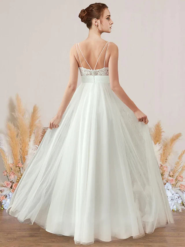 Graceful Lace & Tulle A-Line V-Neck Spaghetti Straps Criss-Cross Open Back Floor-Length Wedding Dresses