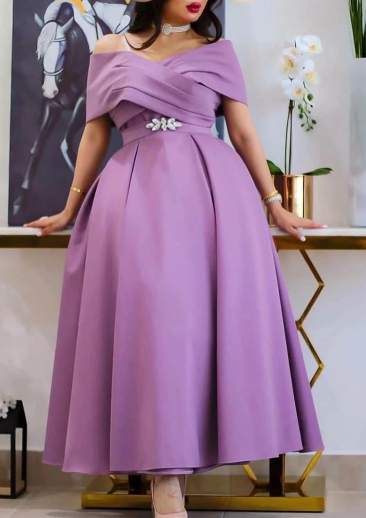 Graceful Satin A-Line Off-Shoulder Short Sleeve Zipper Back Midi Homecoming Dresses