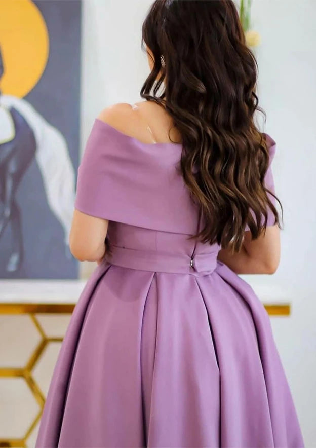 Graceful Satin A-Line Off-Shoulder Short Sleeve Zipper Back Midi Homecoming Dresses