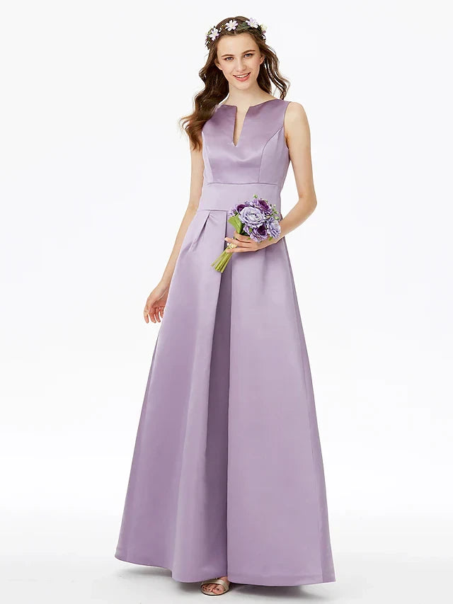 Graceful Satin A-Line V-Neck Sleeveless Scoop Back Floor-Length Bridesmaid Dresses