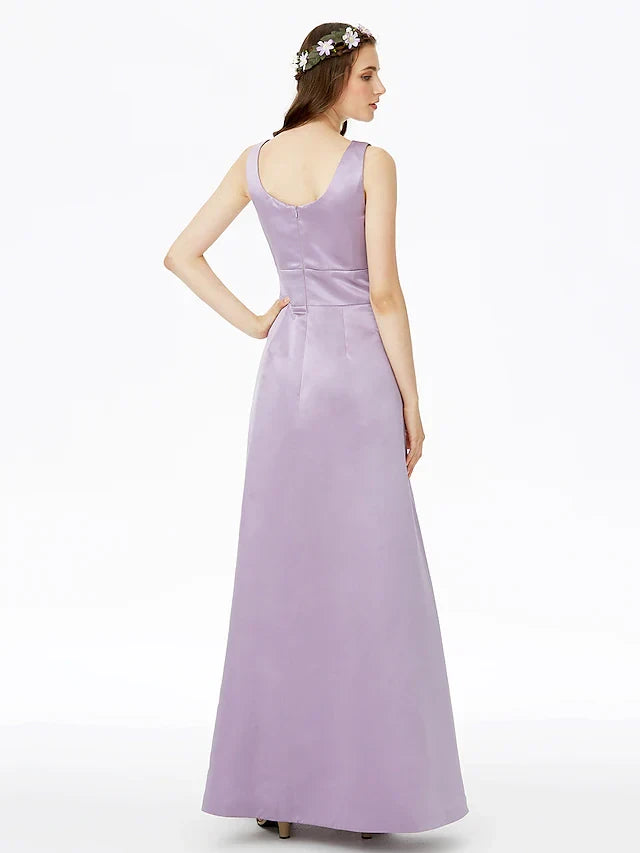 Graceful Satin A-Line V-Neck Sleeveless Scoop Back Floor-Length Bridesmaid Dresses