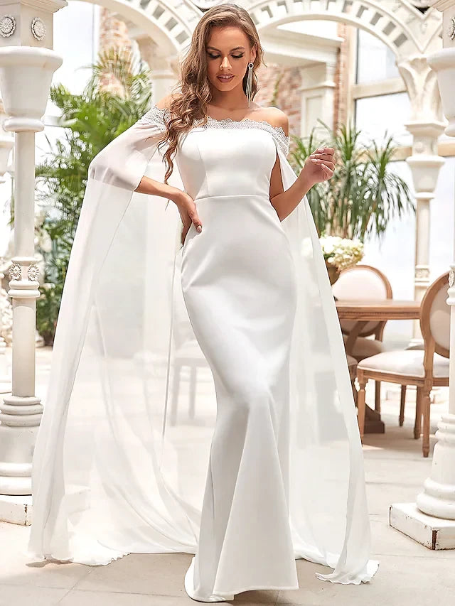 Graceful Satin Mermaid Off-Shoulder Long Cape Sleeves Zipper Back Floor-Length Wedding Dresses