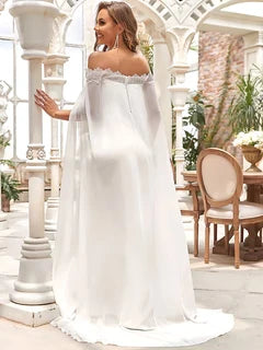 Graceful Satin Mermaid Off-Shoulder Long Cape Sleeves Zipper Back Floor-Length Wedding Dresses