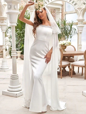 Graceful Satin Mermaid Off-Shoulder Long Cape Sleeves Zipper Back Floor-Length Wedding Dresses