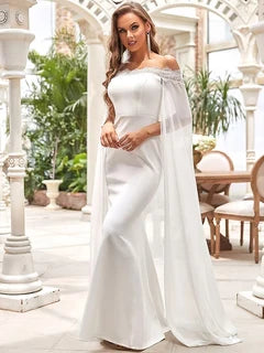 Graceful Satin Mermaid Off-Shoulder Long Cape Sleeves Zipper Back Floor-Length Wedding Dresses