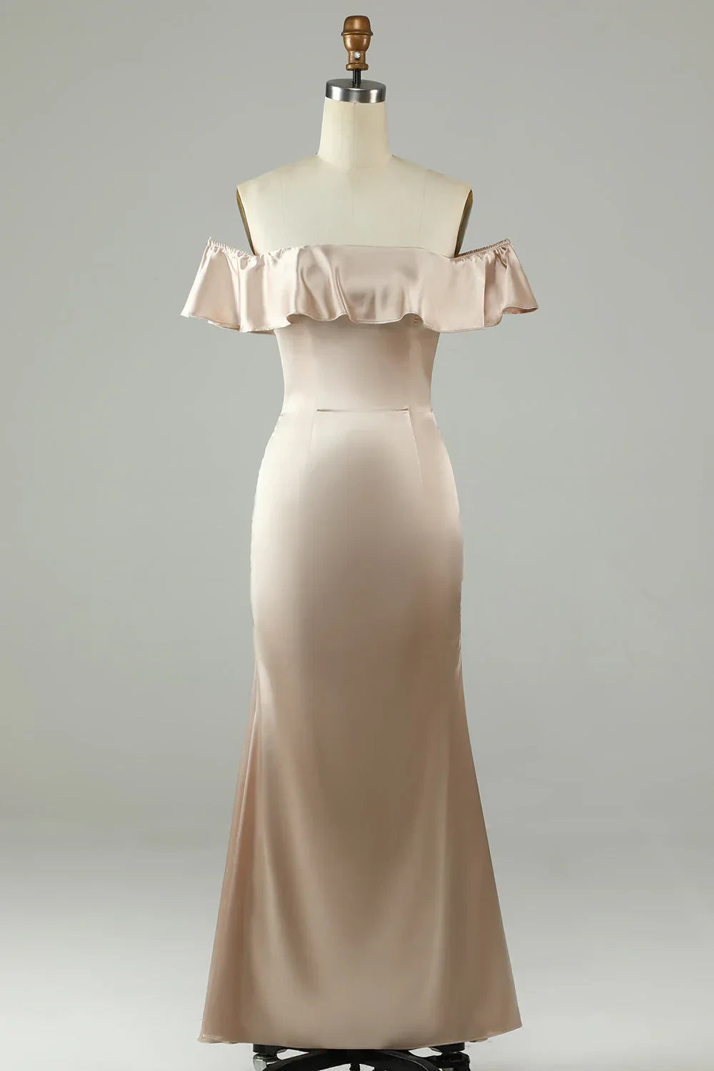 Graceful Satin Mermaid Off-Shoulder Ruffle Zipper Back Floor-Length Bridesmaid Dresses