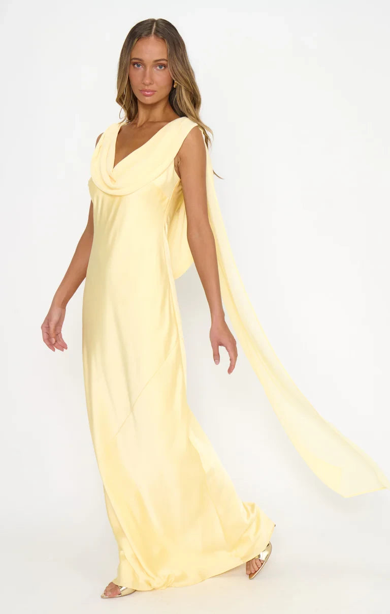 Graceful Satin Sheath Cowl Neck Open Back Floor-Length Bridesmaid Dresses