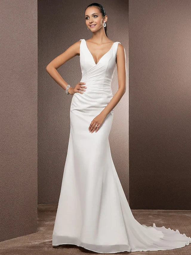 Graceful Satin and Chiffon Mermaid V-Neck Sleeveless Draped Back Floor-Length Wedding Dresses