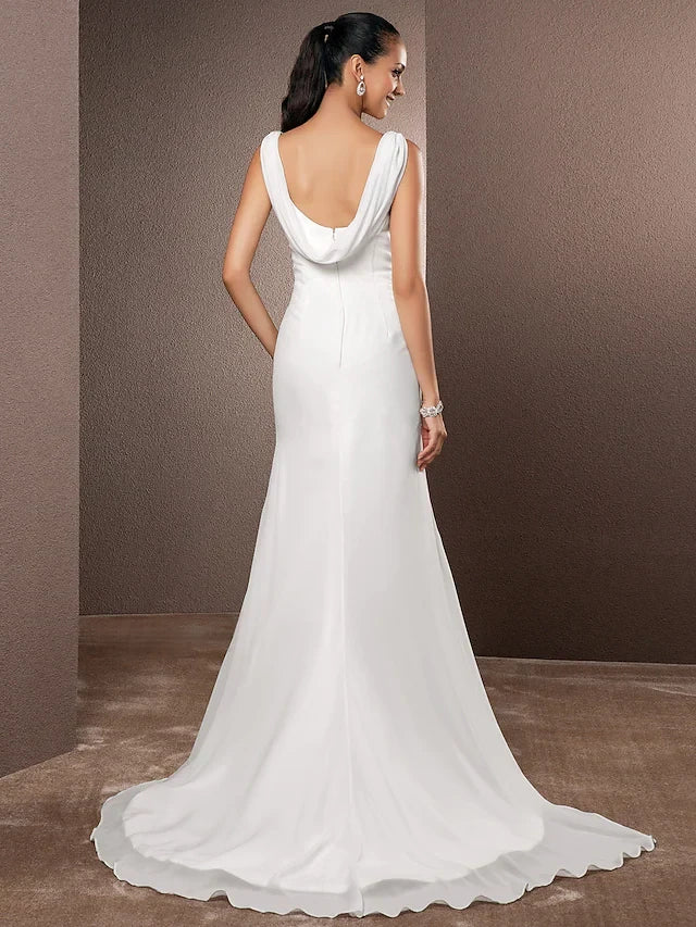 Graceful Satin and Chiffon Mermaid V-Neck Sleeveless Draped Back Floor-Length Wedding Dresses