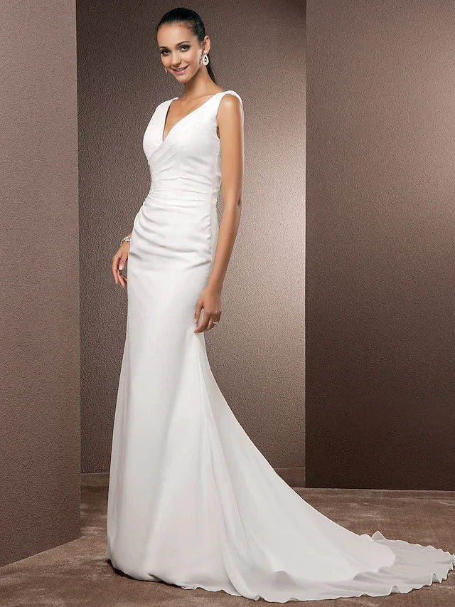 Graceful Satin and Chiffon Mermaid V-Neck Sleeveless Draped Back Floor-Length Wedding Dresses