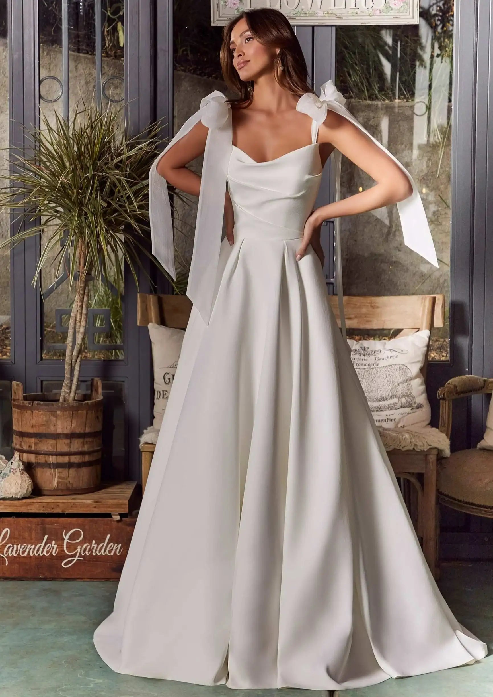 Graceful Simple Satin A-Line Cowl Neck Sleeveless Bow Straps Low V-Back Button Detail Floor-Length Train Wedding Dresses