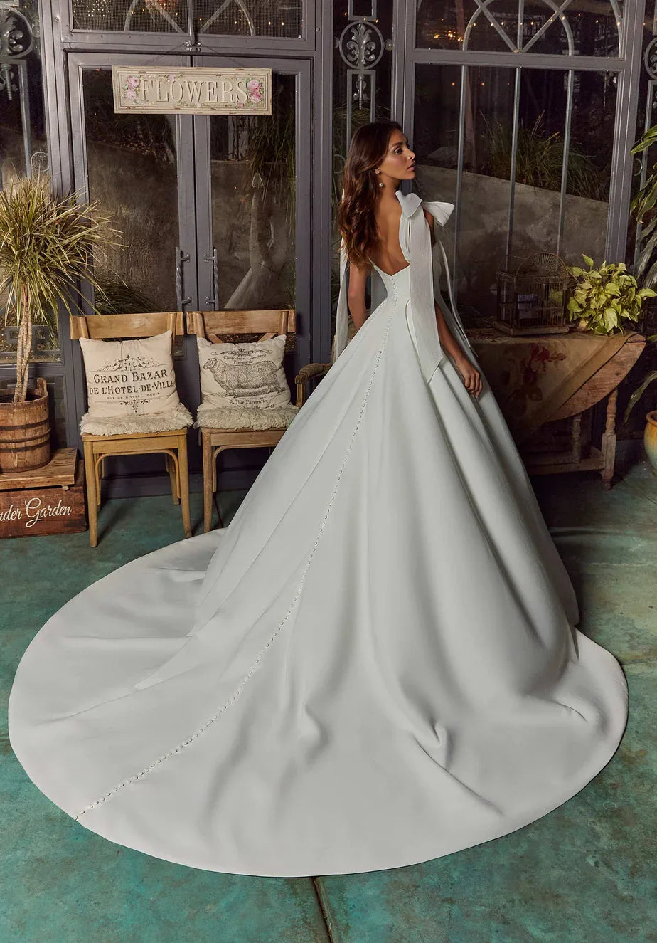 Graceful Simple Satin A-Line Cowl Neck Sleeveless Bow Straps Low V-Back Button Detail Floor-Length Train Wedding Dresses