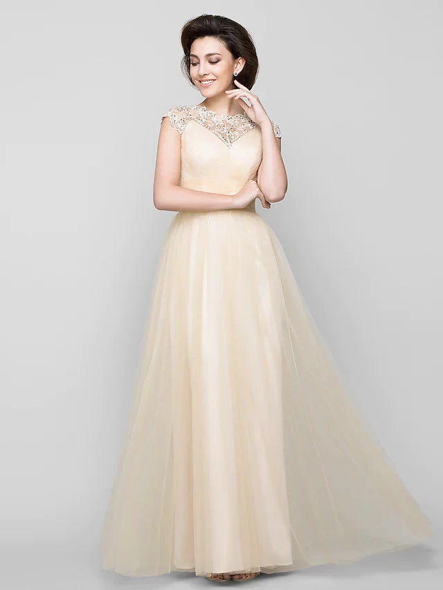 Graceful Tulle A-Line Bateau Neck Cap Sleeves Illusion Back Floor-Length Mother of the Bride Dresses