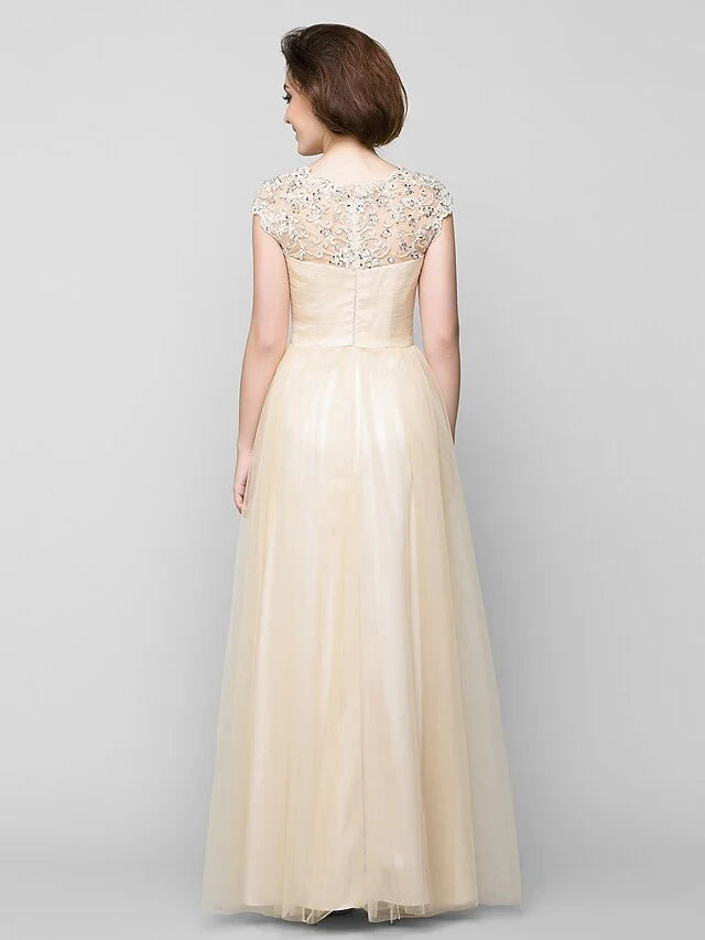 Graceful Tulle A-Line Bateau Neck Cap Sleeves Illusion Back Floor-Length Mother of the Bride Dresses