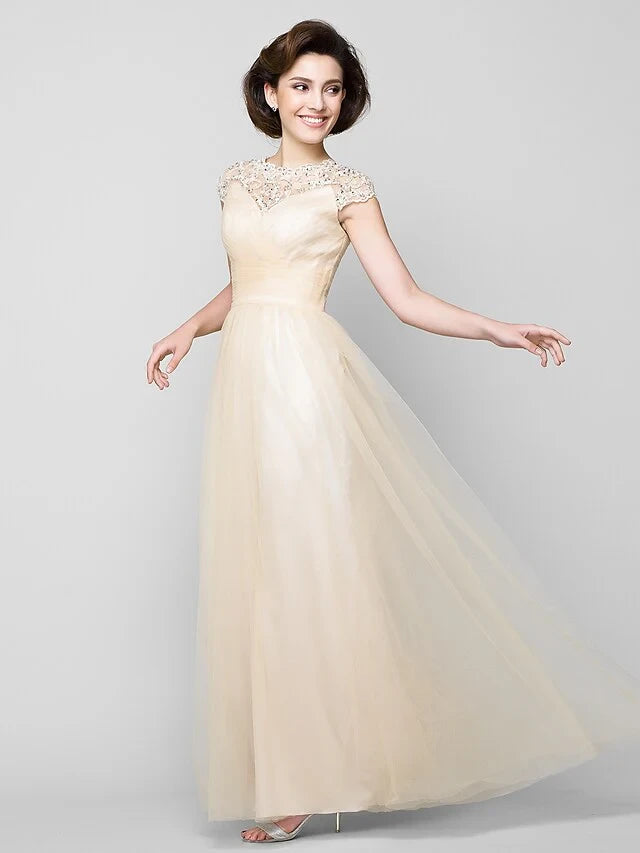 Graceful Tulle A-Line Bateau Neck Cap Sleeves Illusion Back Floor-Length Mother of the Bride Dresses