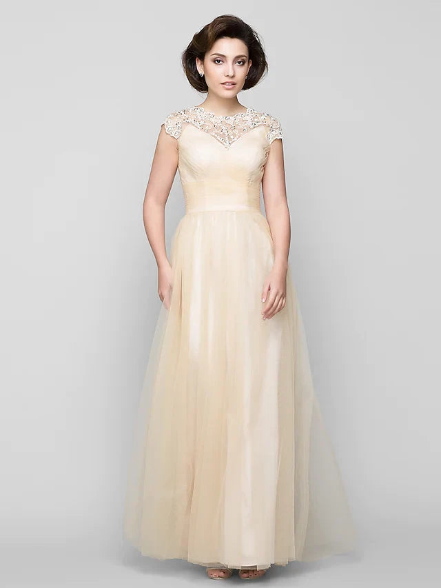Graceful Tulle A-Line Bateau Neck Cap Sleeves Illusion Back Floor-Length Mother of the Bride Dresses