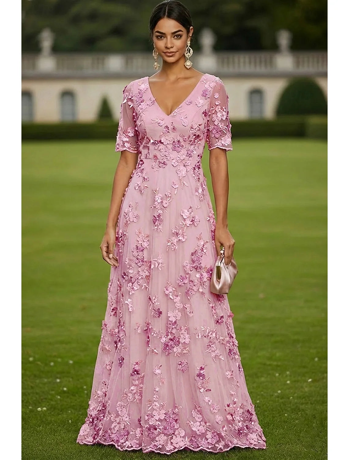 Graceful Tulle A-Line V-Neck Short Sleeve Zipper Back Floor-Length Floral Mother of the Bride Dresses
