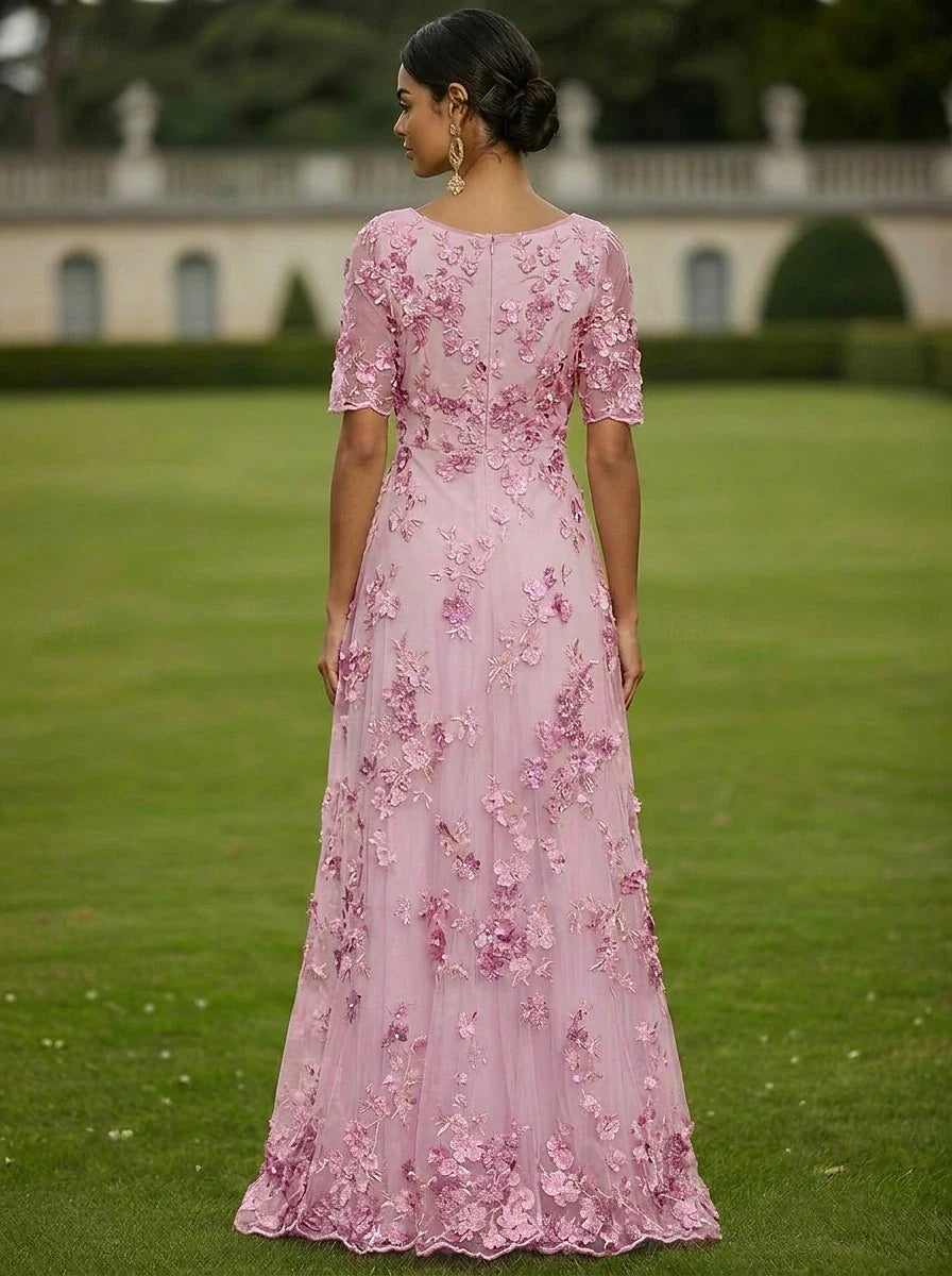 Graceful Tulle A-Line V-Neck Short Sleeve Zipper Back Floor-Length Floral Mother of the Bride Dresses