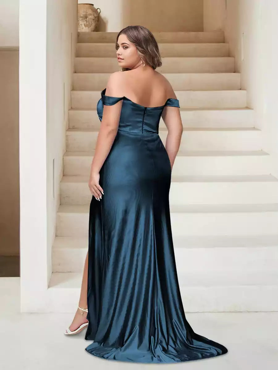 Graceful satin off shoulder slim fit/straight tube plus size side slit Bridesmaid Dresses