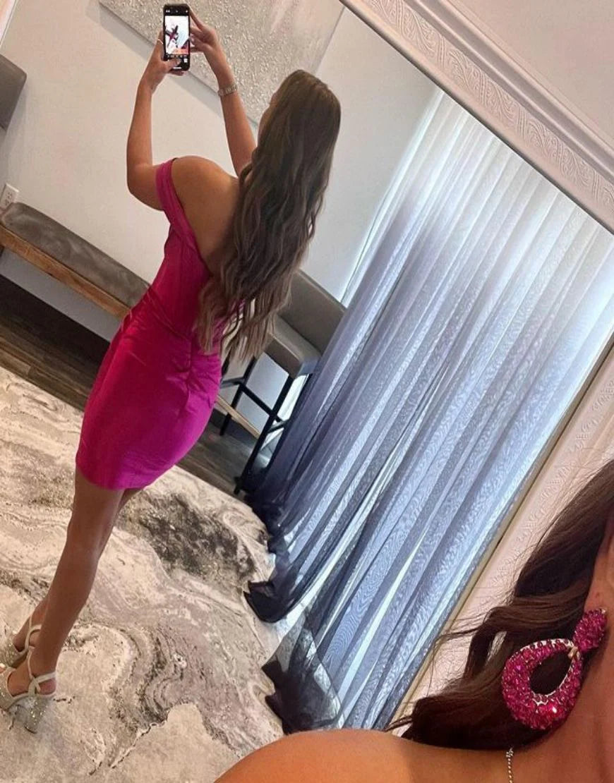 Grape Off The Shoulder Short Satin Unique Design Homecoming Dress