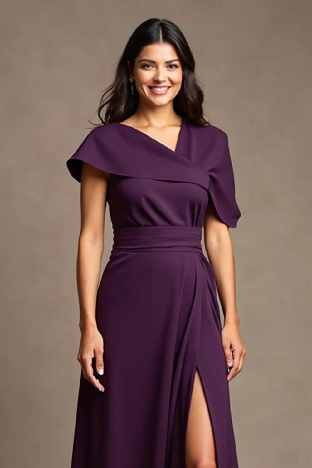 Grape Satin Asymmetrical Neck Long Mother of the Bride Dress with Slit