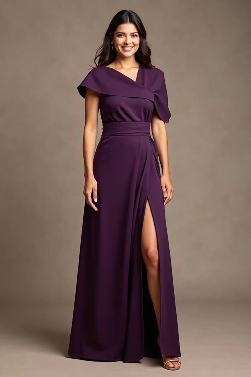 Grape Satin Asymmetrical Neck Long Mother of the Bride Dress with Slit