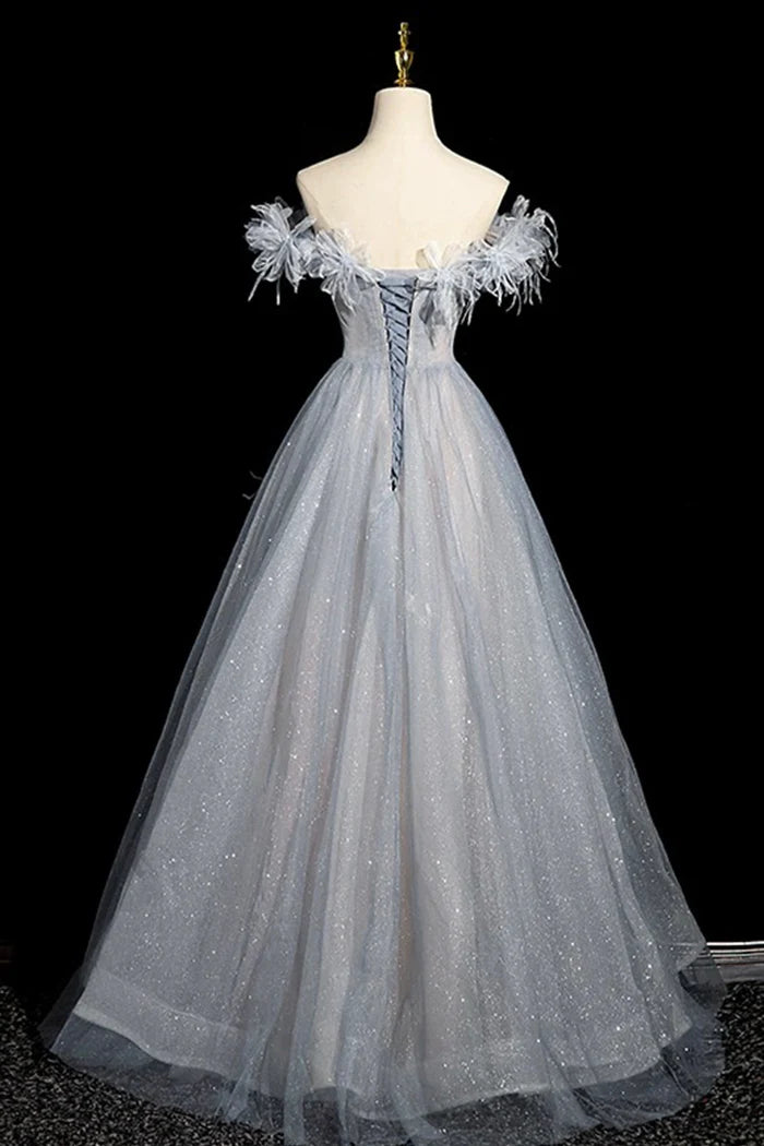 Gray Blue Tulle Beads Long Prom Dress, Off the Shoulder Party Dress