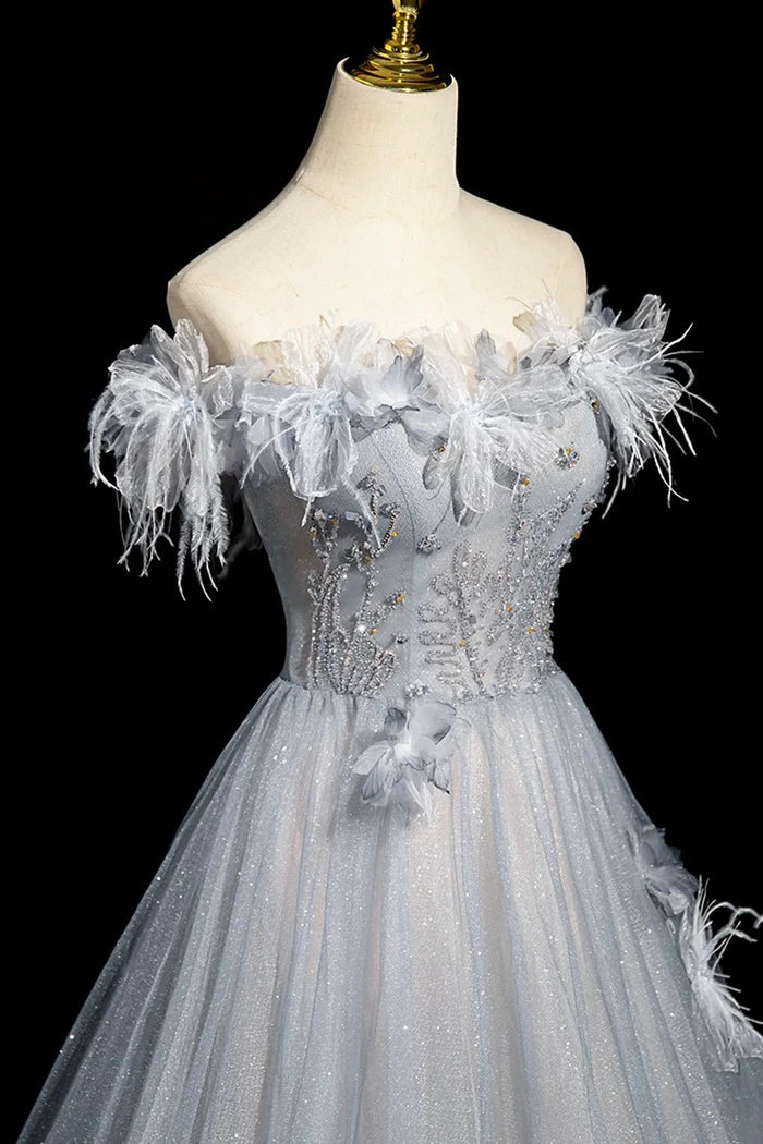 Gray Blue Tulle Beads Long Prom Dress, Off the Shoulder Party Dress