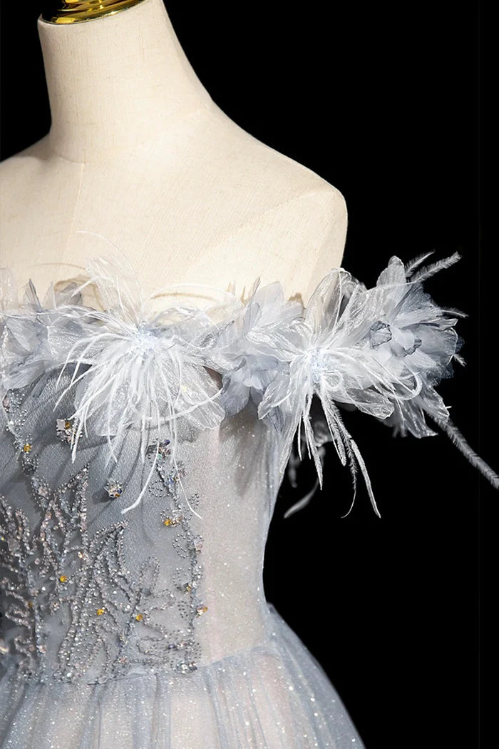 Gray Blue Tulle Beads Long Prom Dress, Off the Shoulder Party Dress