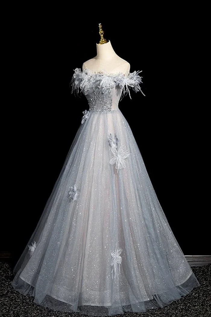 Gray Blue Tulle Beads Long Prom Dress, Off the Shoulder Party Dress