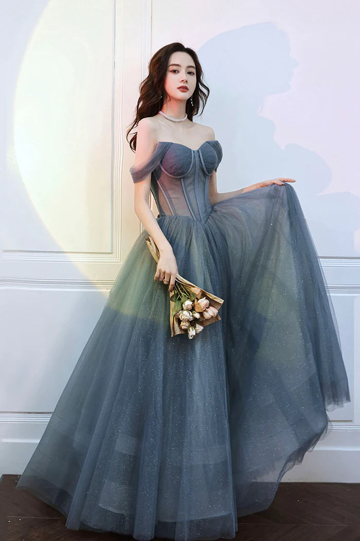 Gray Blue Tulle Long Prom Dress, A-Line Off the Shoulder Evening Dress