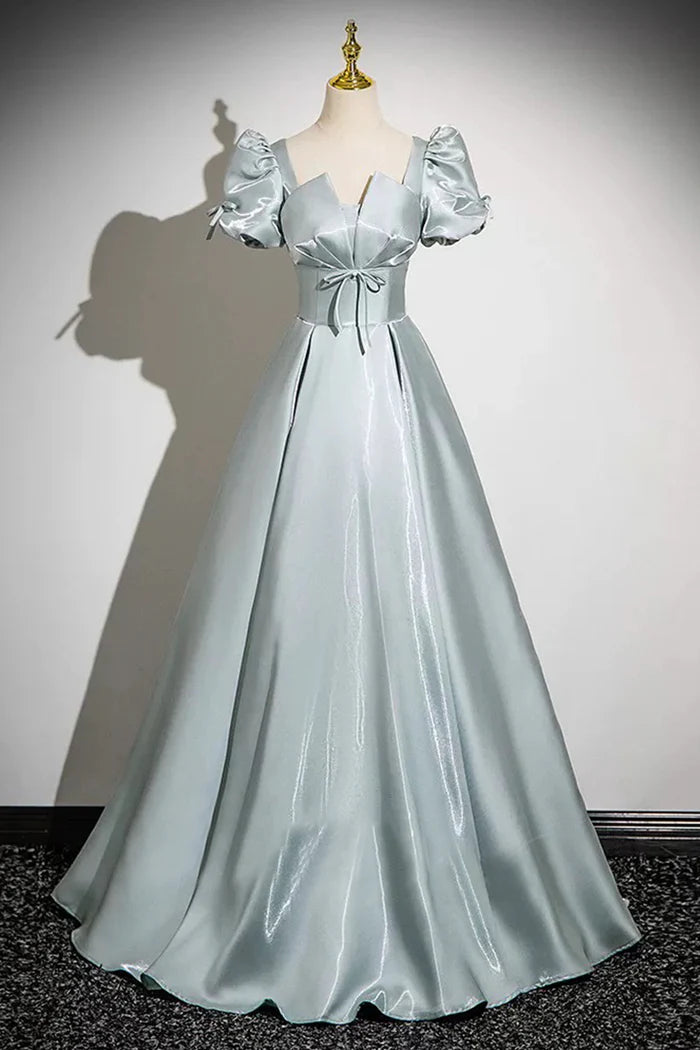 Gray Green Satin Long Prom Dress, A-Line Short Sleeve Evening Party Dress