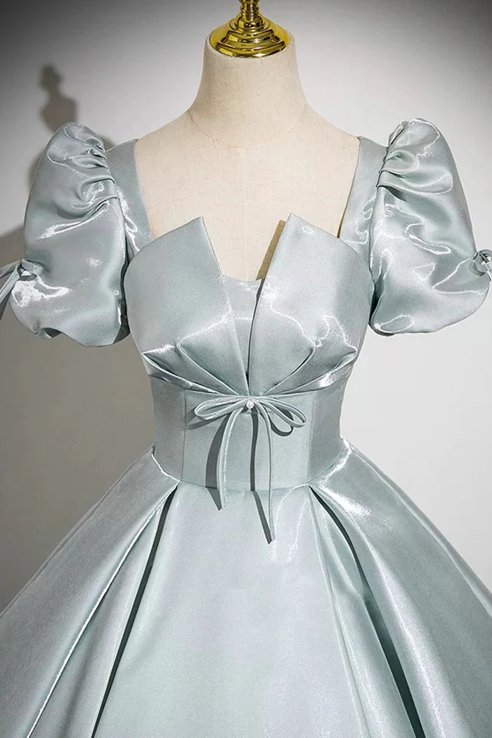 Gray Green Satin Long Prom Dress, A-Line Short Sleeve Evening Party Dress