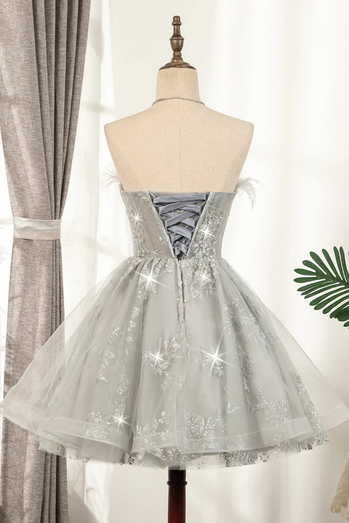 Gray Strapless Tulle Short Prom Dress with Sequins, Cute A-Line Party Dress